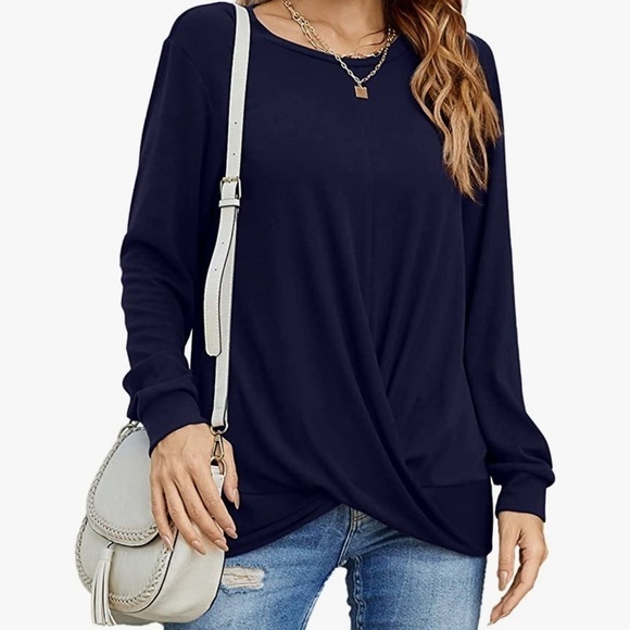 ⭐️nwt YSYOKOW Long Sleeve Casual Crew Neck Loose Fit Front Twist Knot Blouse⭐️ - Picture 2 of 10